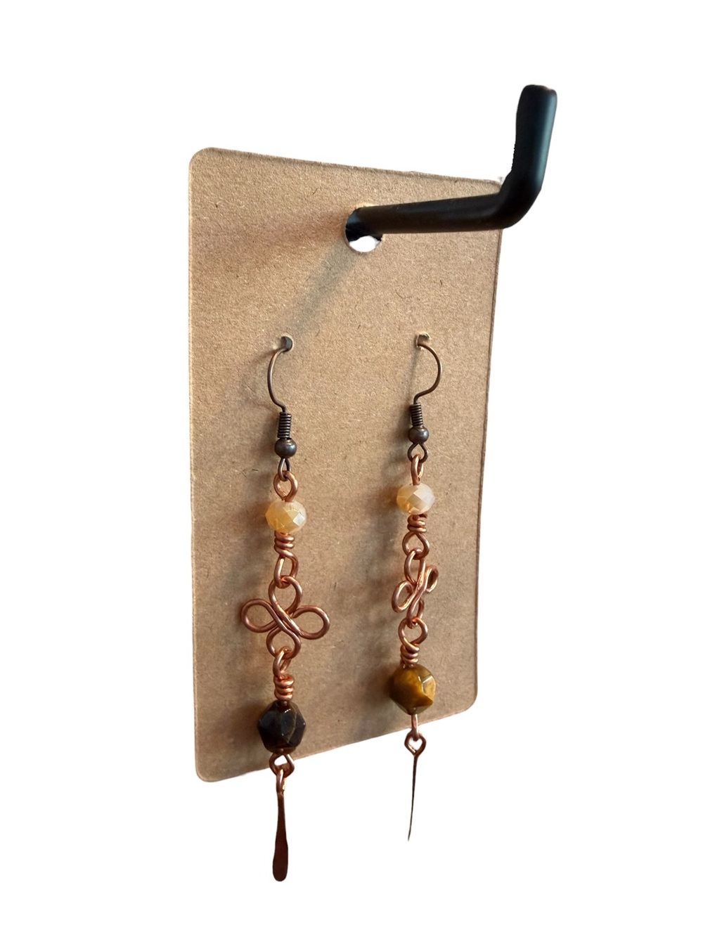 Copper Wire Loop Earrings Faceted Glass & Tigers Eye Beads Red Copper Ear Wires - Picture 3 of 3